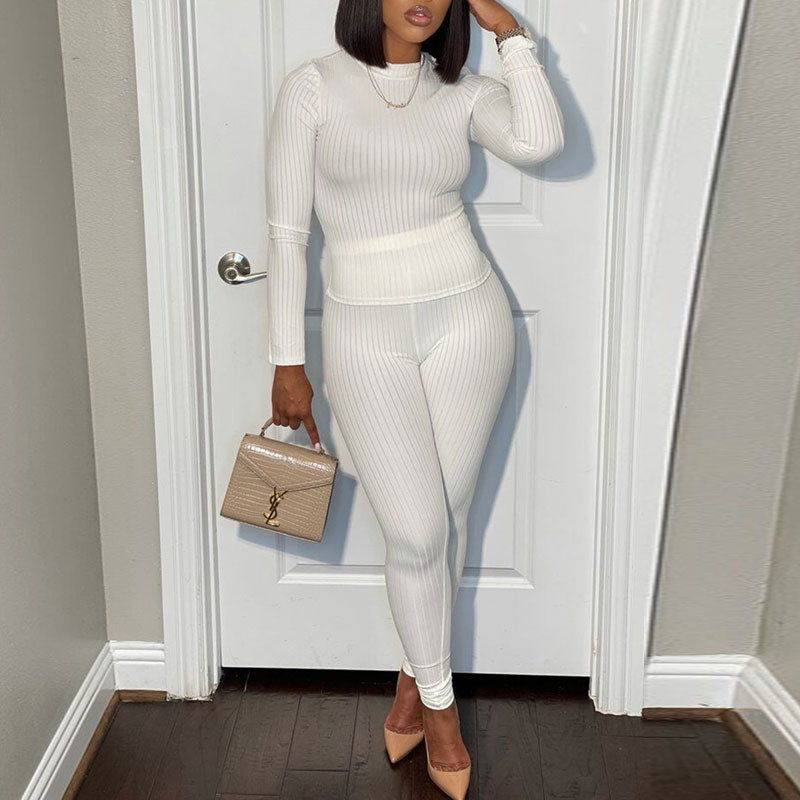 Solid Long Sleeve Ribbed Top & Pants Set