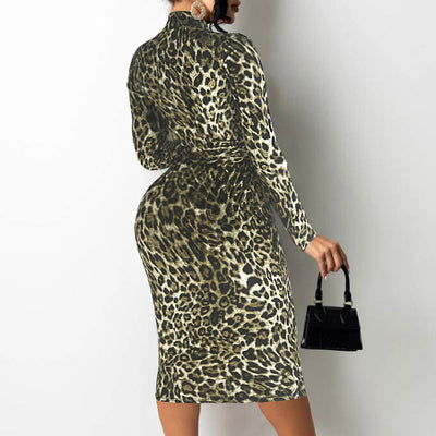 Leopard Print Long Sleeve Zipper Design Belted Bodycon Dress