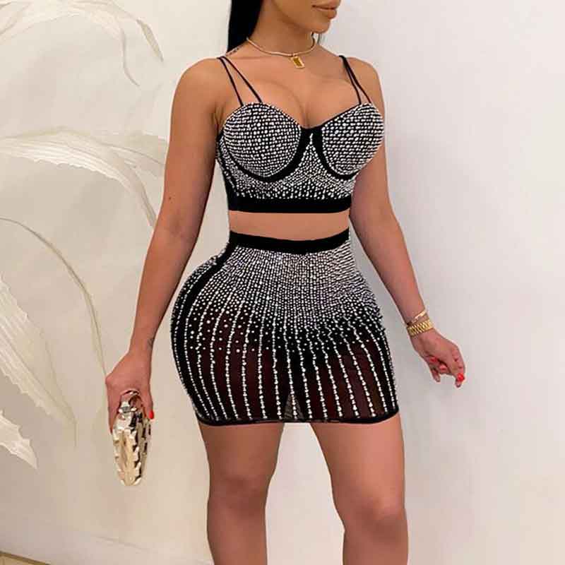 Rhinestone Spaghetti Strap Crop Top & Skirt Set