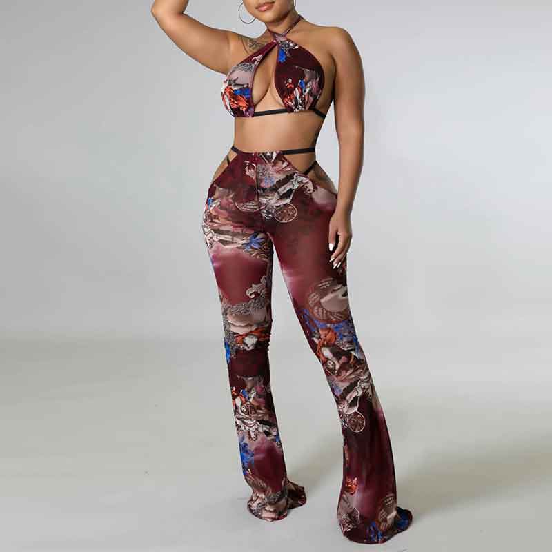 Print Halter 3PCS Pants Set