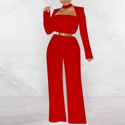 Solid Long Sleeve Cut Out Wide Leg Jumpsuit