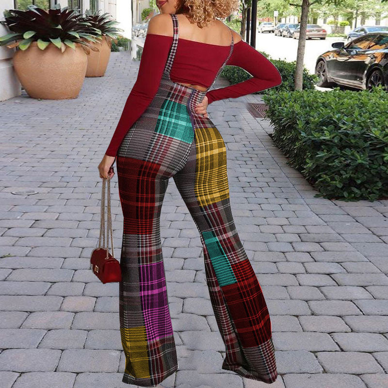 Plaid Pattern Crop Top & Suspender Pants Set