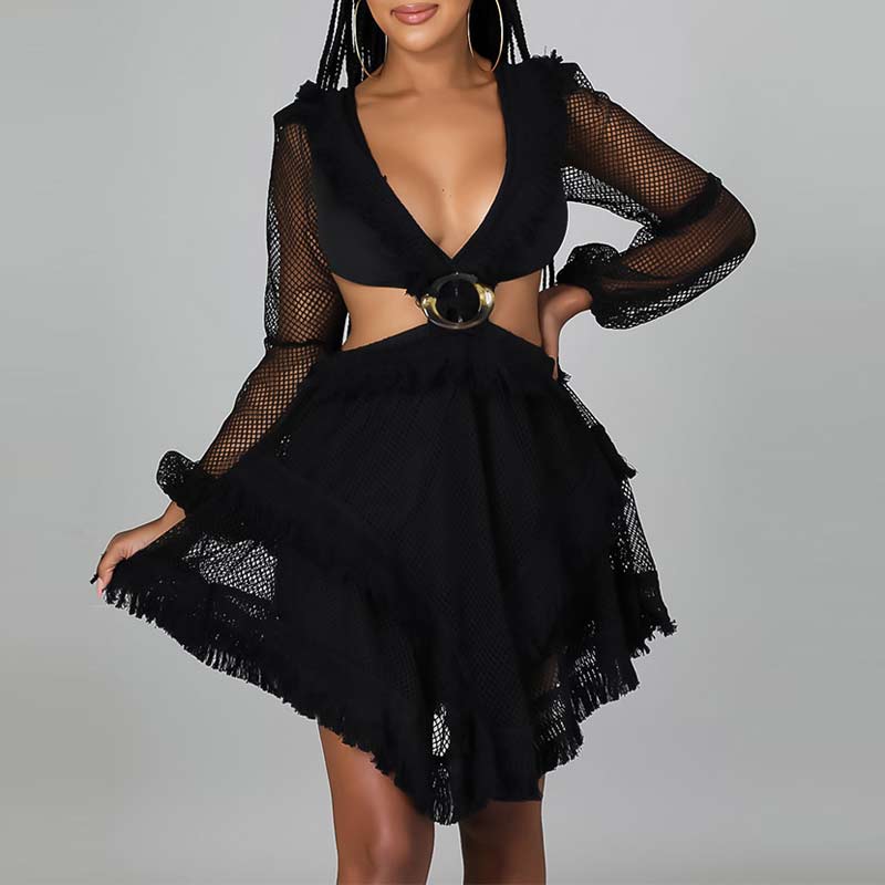 Solid Deep V-Neck Mesh Patchwork Cut Out Dress