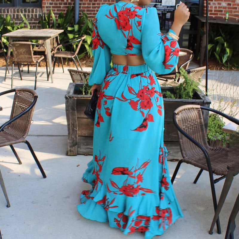 Floral Print Long Sleeve Crop Top & Skirt Set