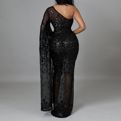 Sequins One Shoulder Long Sleeve Maxi Dress