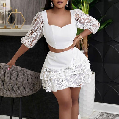 Lace Square Neck Lantern Sleeve Crop Top & Skirt Set