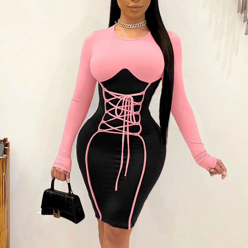 Colorblock Long Sleeve Lace Up Bodycon Dress