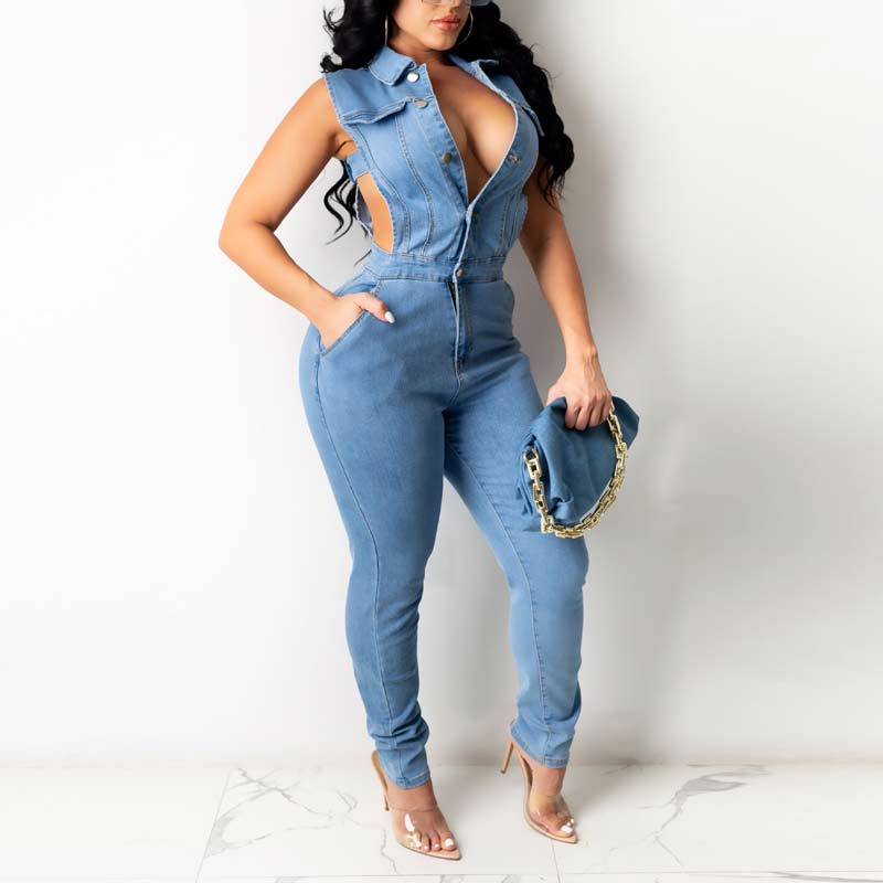 Solid Button Detailed Deep V-neck Cut Out Denim Jumpsuit