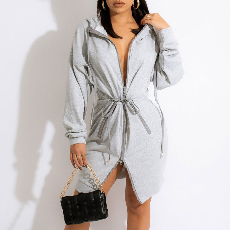 Solid Long Sleeve Zipper Design Sweater Dress