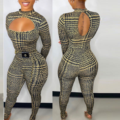 Houndstooth Print Long Sleeve Cut Out Jumpsuit