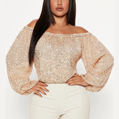 Sequins Off Shoulder Lantern Sleeve Crop Top