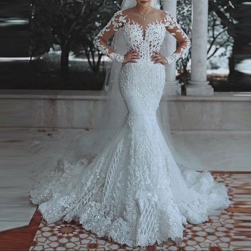 Floral Pattern Long Sleeve Lace Mermaid Train Wedding Dress