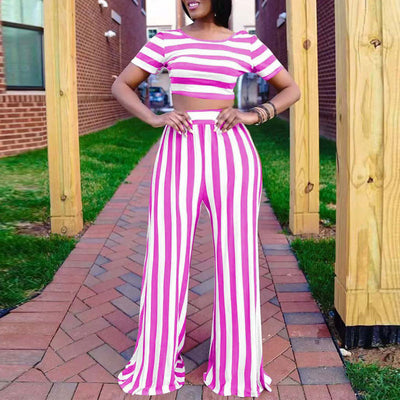 Striped Short Sleeve Crop Top & Wide Leg Pants Set