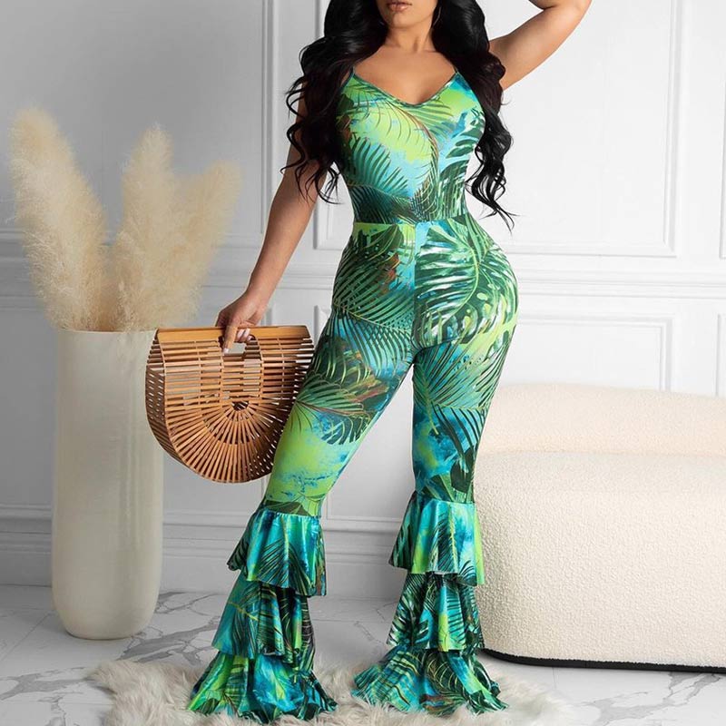 Leaf Pattern Sleeveless Bell- Bottomed Jumpsuit