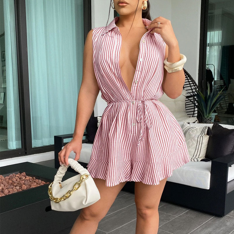 Striped Sleeveless Button Detailed Belted Romper