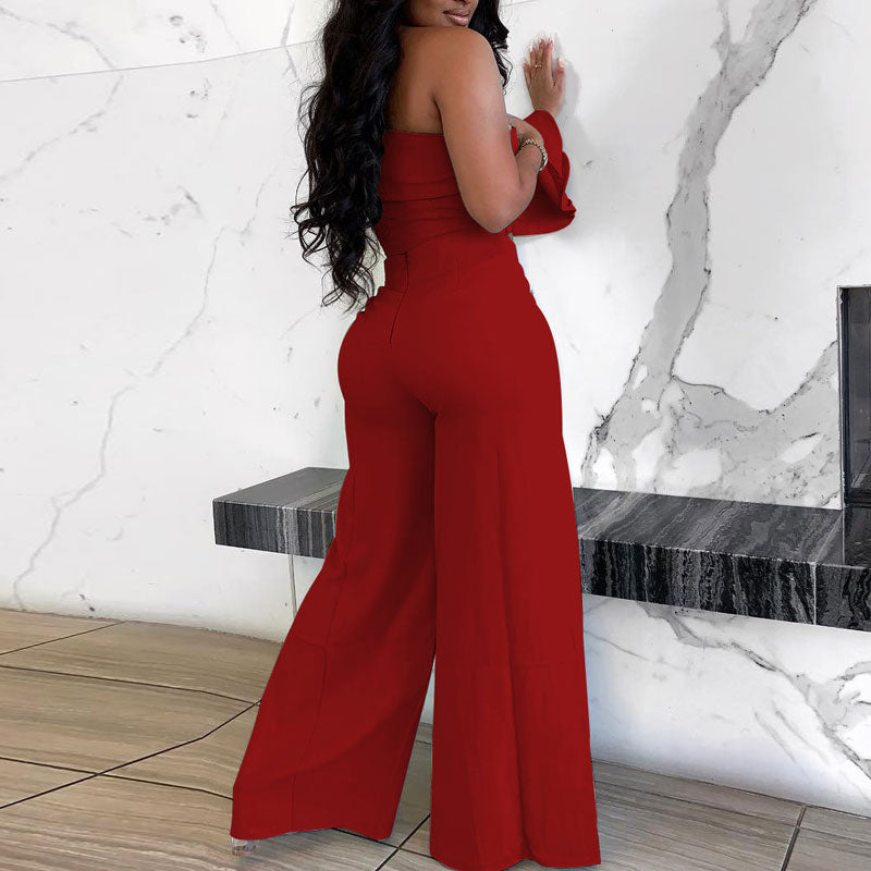 Solid One Shoulder Crop Top & High Slit Pants Set