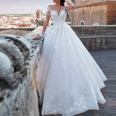 Floral Pattern V-Neck Sheer Mesh Train Lace Wedding Dress