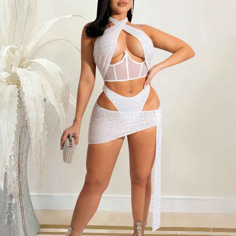 Rhinestone Halter Cut Out Sheer Mesh 3PCS Skirt Set