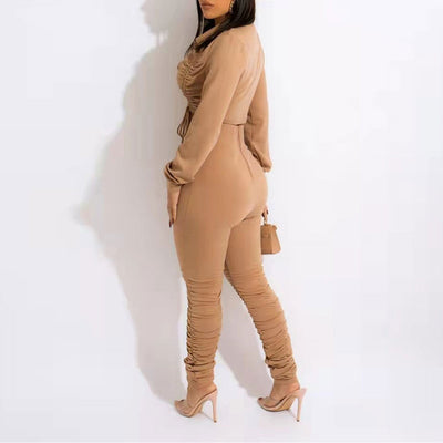 Solid Long Sleeve Drawstring Crop Top & Ruched Pants Set