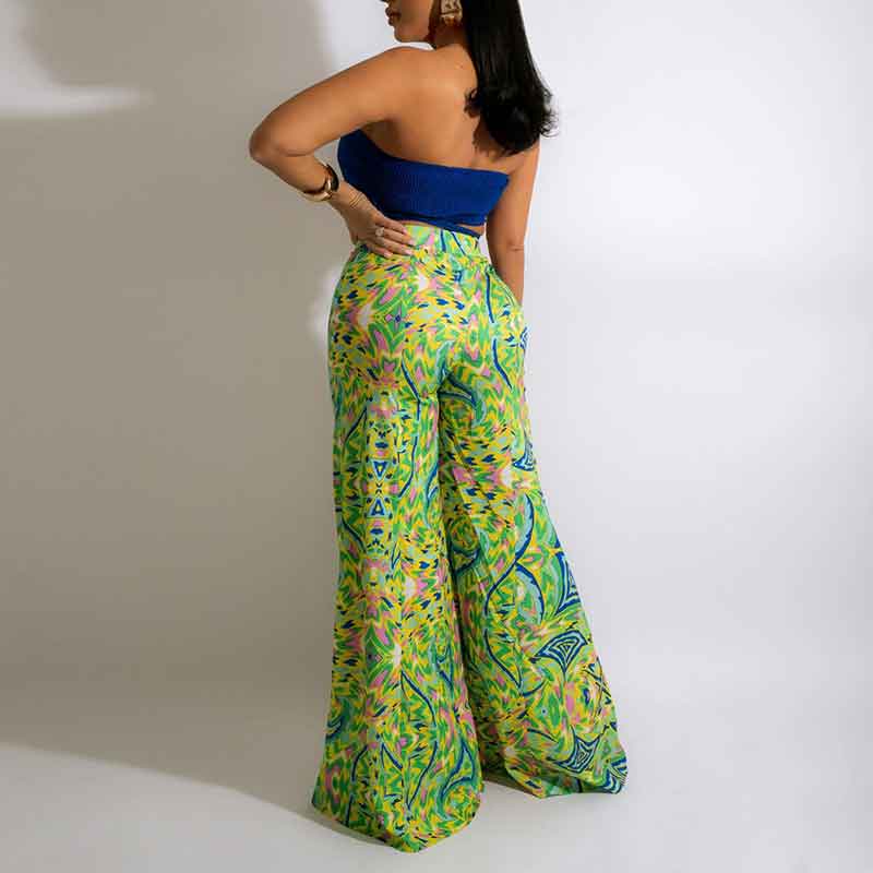 Print Bandage Tube Top & Wide Leg Pants Set