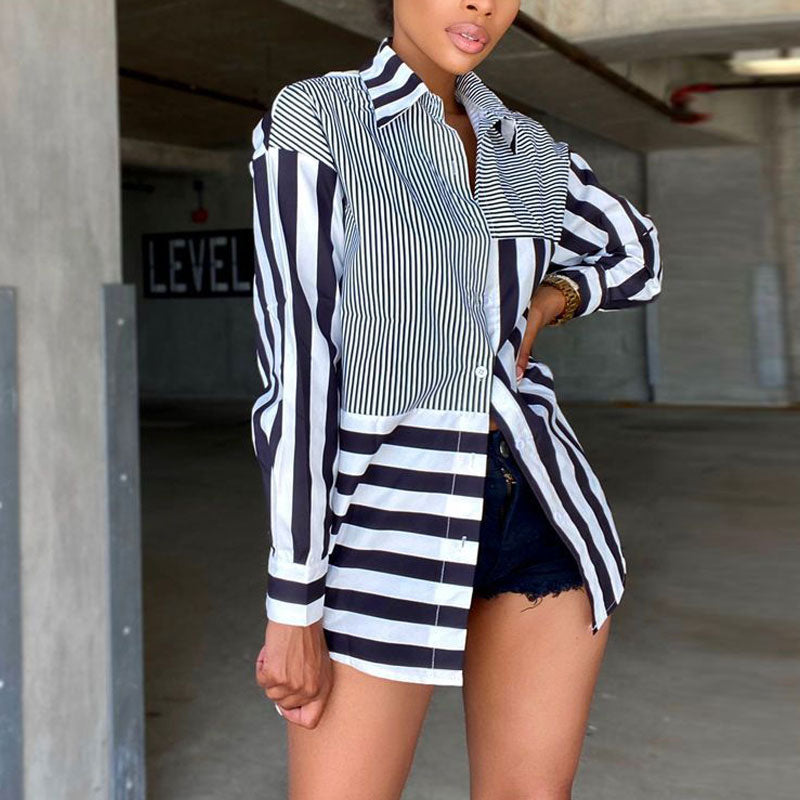 Striped Pattern Long Sleeve Loose Blouse