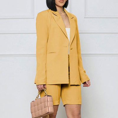 Solid Turndown Neck Long Sleeve Blazer Coat & Shorts Set