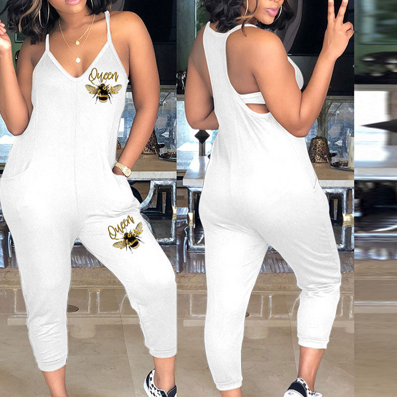 Print V-Neck Sleeveless Spaghetti Strap Jumpsuit