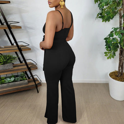 Solid Deep V-Neck Sleeveless Belted Wide Leg Jumpsuit