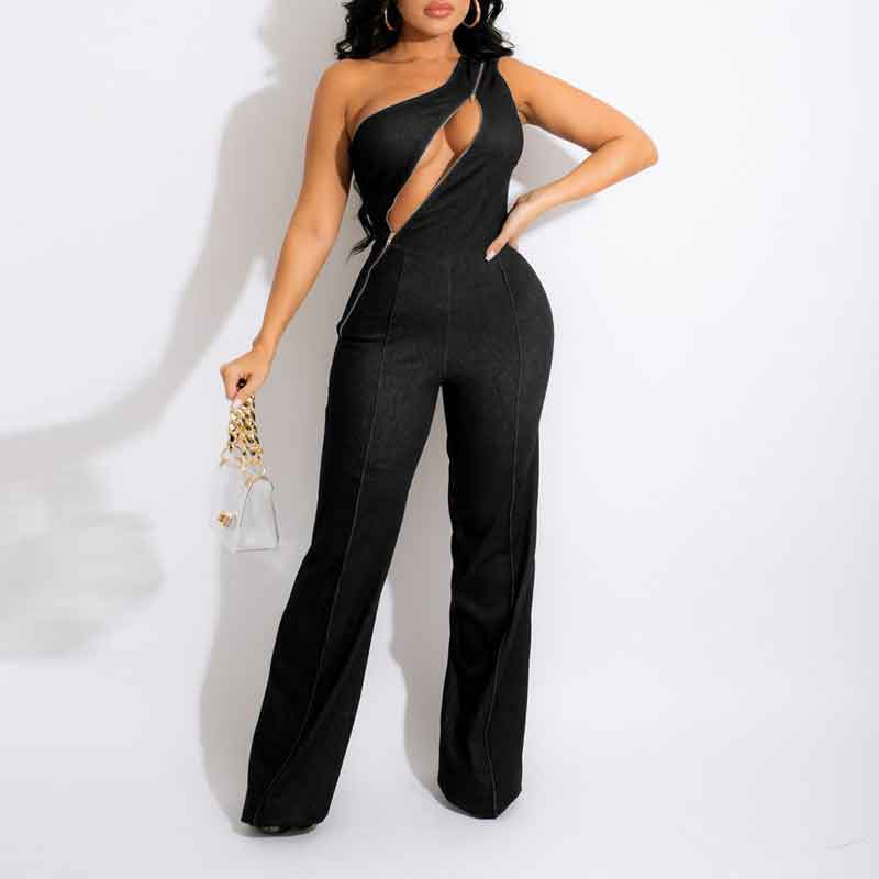 Solid Oblique Shoulder Zipper Design Cut Out Jumpsuit