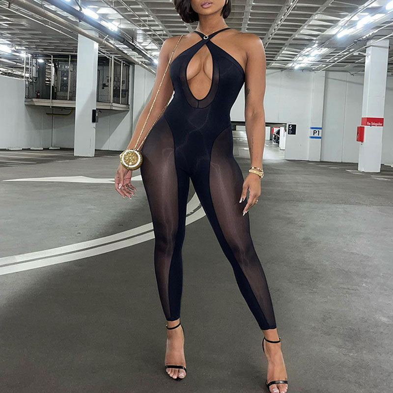 Solid Halter Cut Out Sheer Mesh Jumpsuit