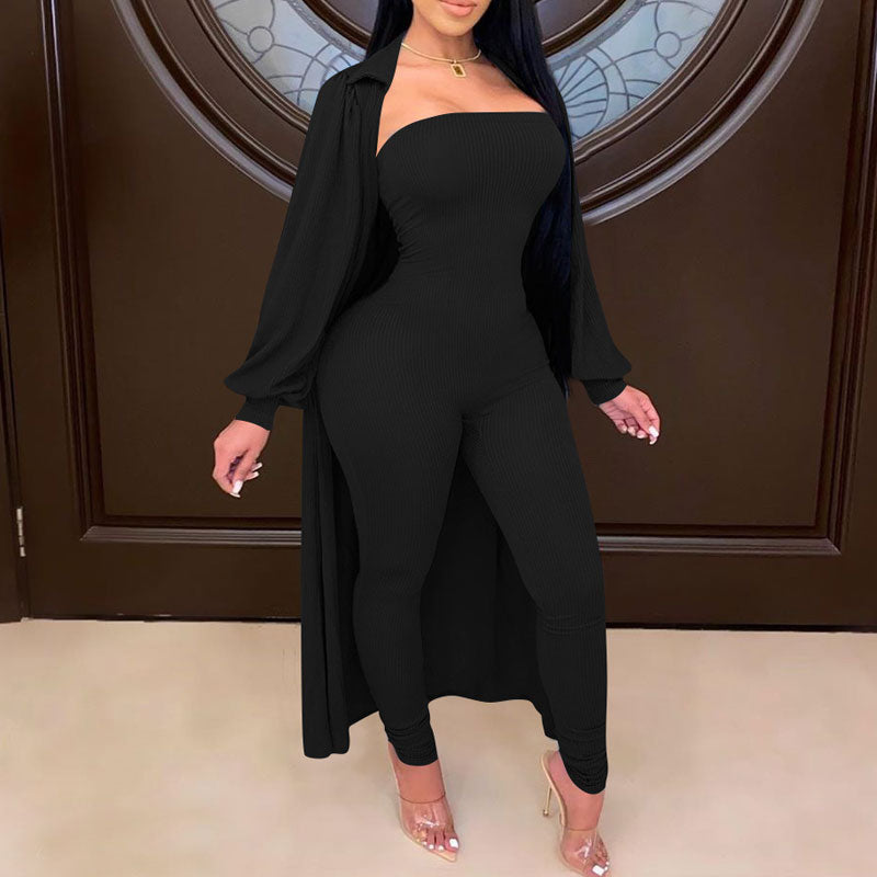 Solid Off Shoulder Jumpsuit & Long Coat Set