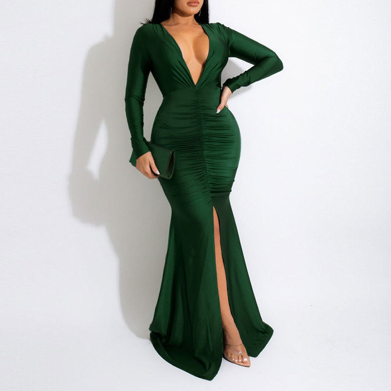 Solid Deep V-Neck Long Sleeve High Slit Maxi Dress