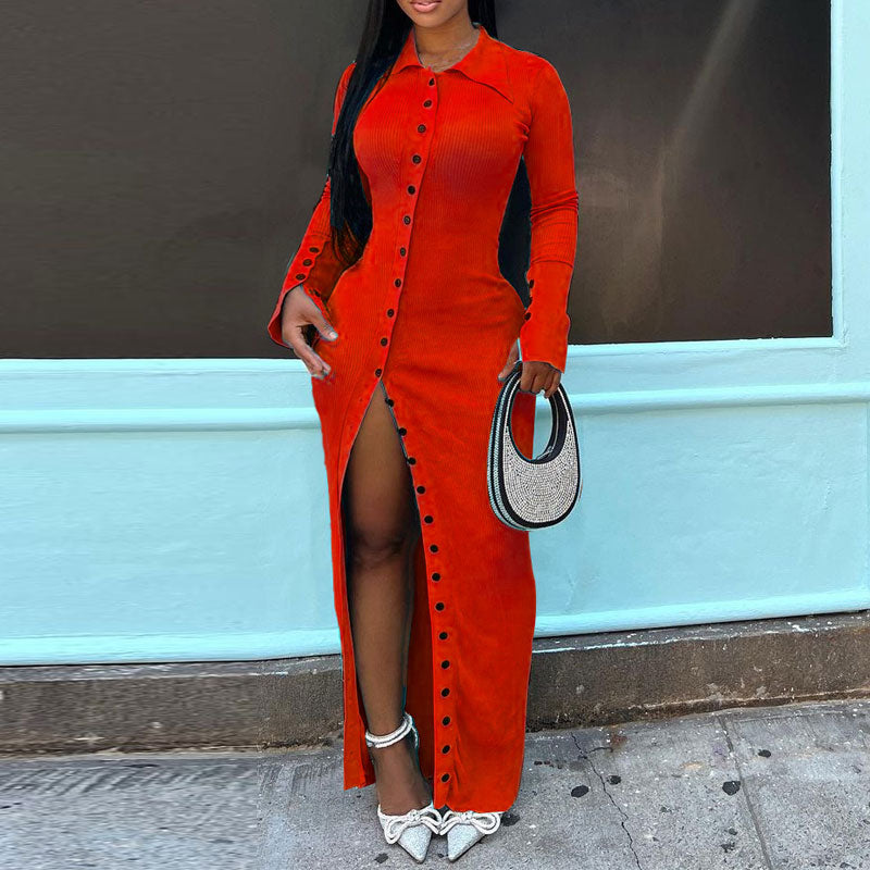 Solid Long Sleeve Button Detailed High Slit Maxi Dress