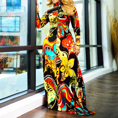 Floral Print Long Sleeve Zipper Design Maxi Dress