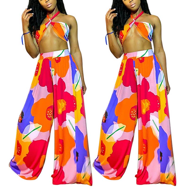 Floral Pattern Sleeveless Wide Leg Pants Set