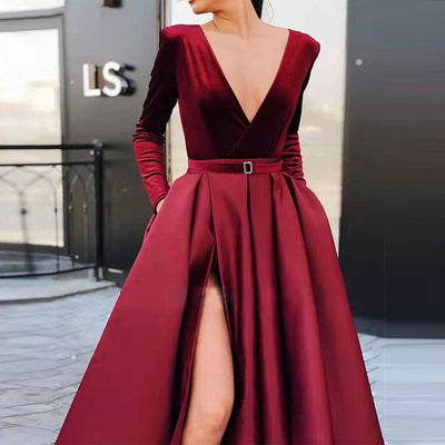 Solid Deep V-Neck Long Sleeve High Slit Floor-Length Dress