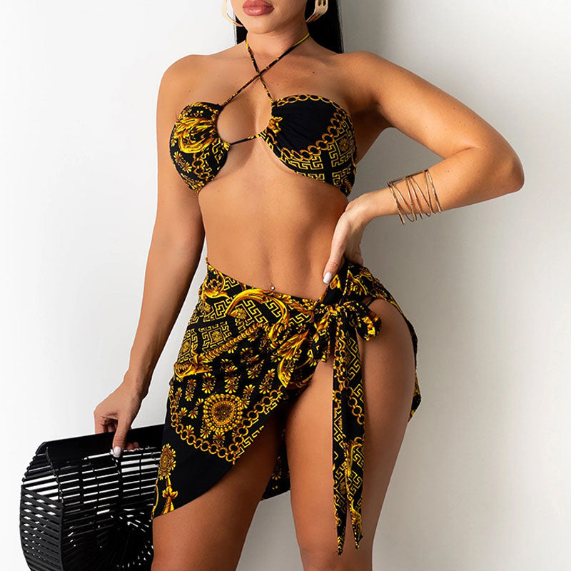 Print Halter 3PCS Swimsuit Set