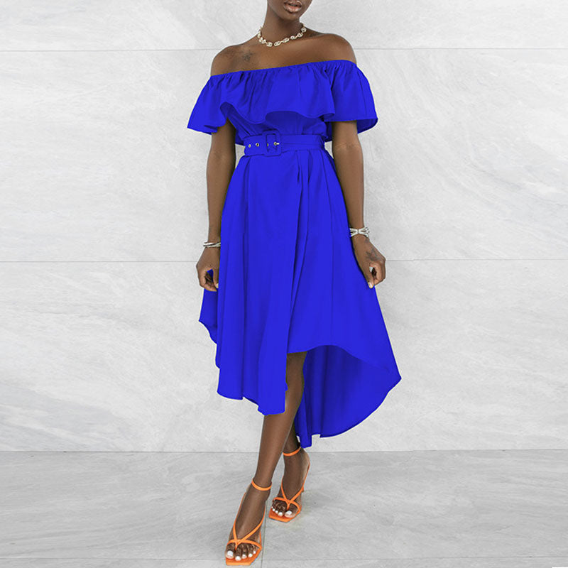 Solid Off Shoulder Ruffle Design Asymmetrical Dress