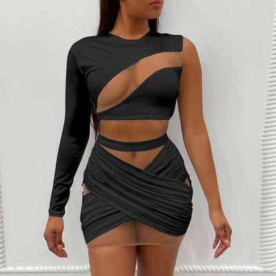 Solid Long Sleeve One Shoulder Sheer Mesh Two Piece Skirt Set