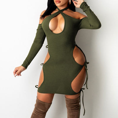 Solid Halter Long Sleeve Cut Out Bodycon Dress