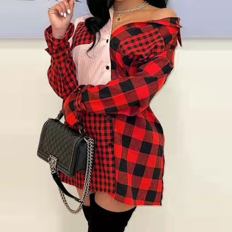 Colorblock Plaid Pattern Long Sleeve Shirt Dress