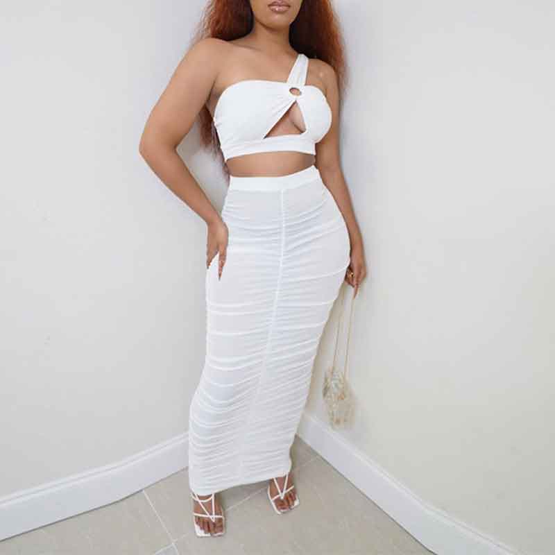 Solid Cut Out Tube Top & Ruched Skirt Set