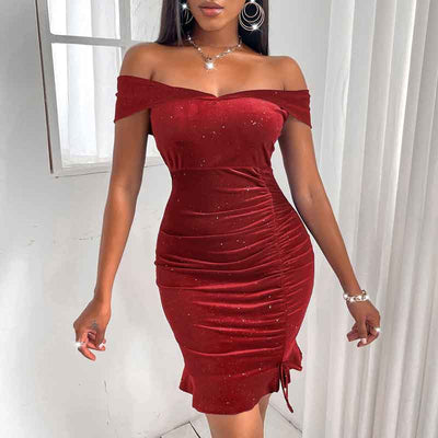 Glitter Off Shoulder Ruched Bodycon Dress