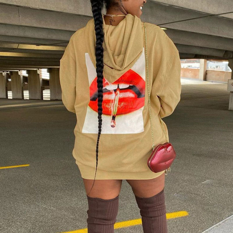 Lips Pattern Long Sleeve Pocket Design Hoodie Sweater Dress