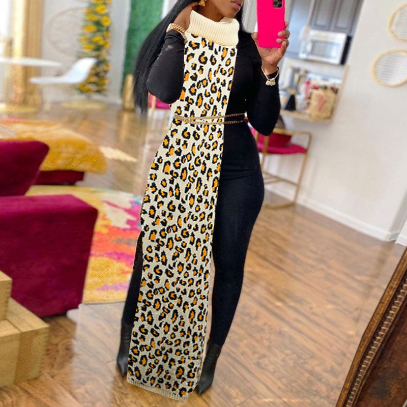 Leopard Print High Slit Knitted Dress