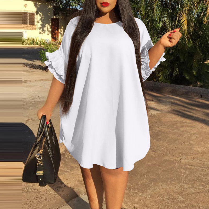 Solid Ruffles Short Sleeve Plus Size Loose Dress