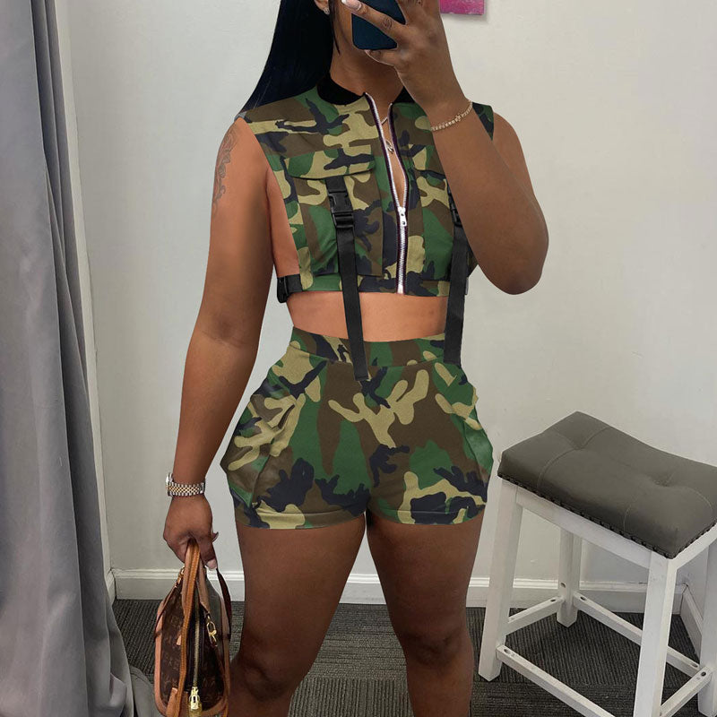 Camouflage Print Sleeveless Crop Top & Shorts Set