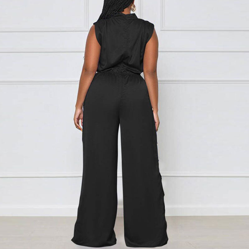 Solid Sleeveless Cowl Neck Button Detailed Slit Jumpsuit