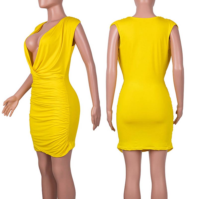 Solid Deep V-Neck Sleeveless Ruched Bodycon Dress