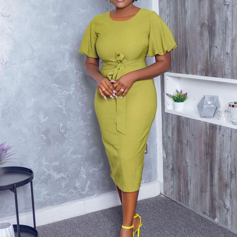 Solid Puff Sleeve Belted Midi Dress